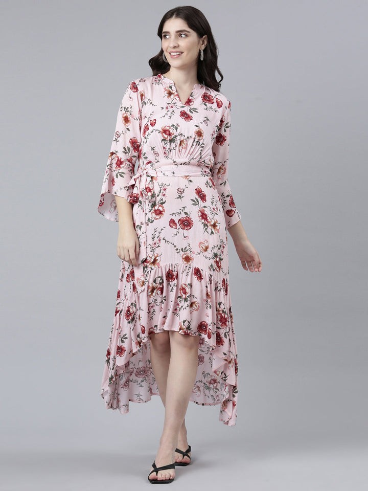 Neerus Pink chiffon printed high-low dress - front view