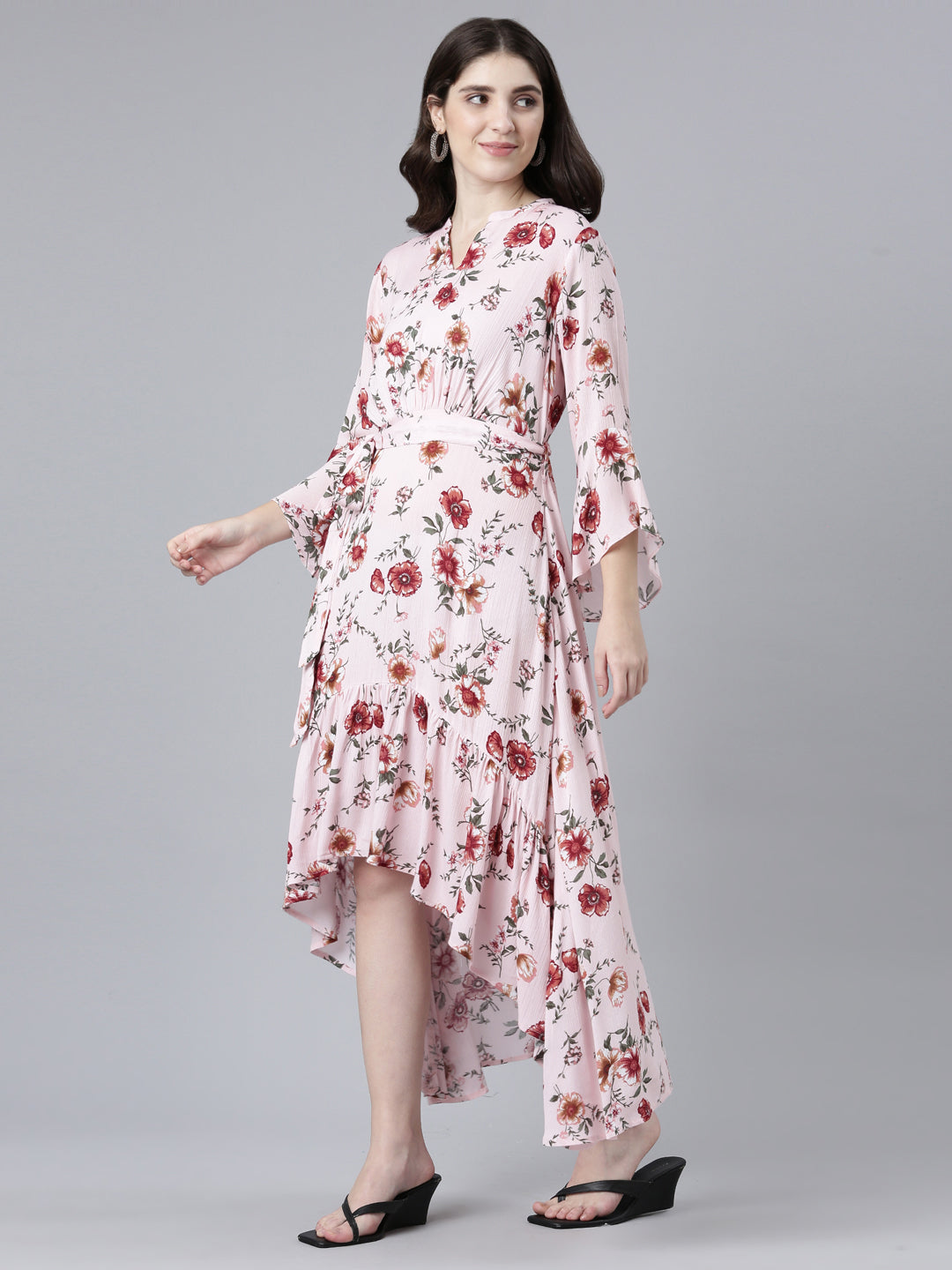 Neerus Pink chiffon printed high-low dress - back view