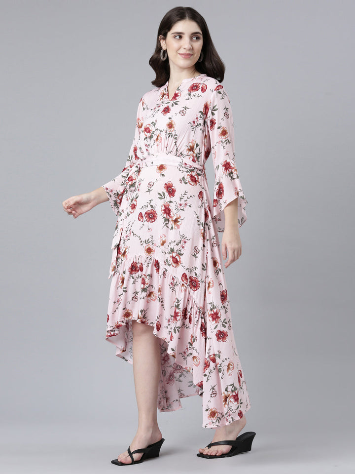 Neerus Pink chiffon printed high-low dress - back view