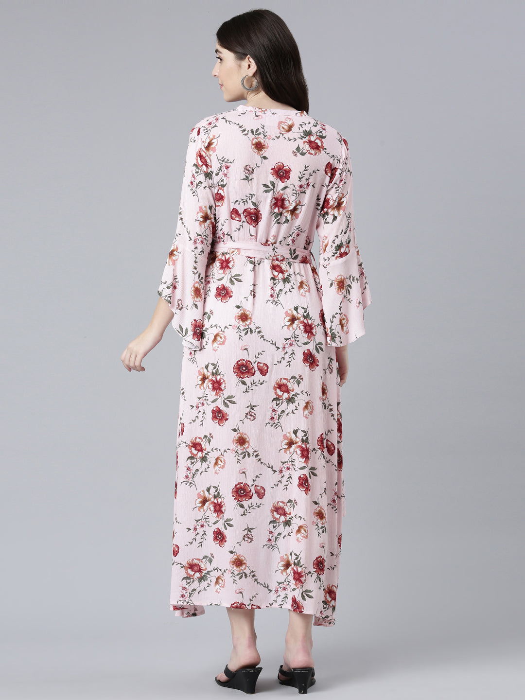 Neerus Pink chiffon printed high-low dress - side view