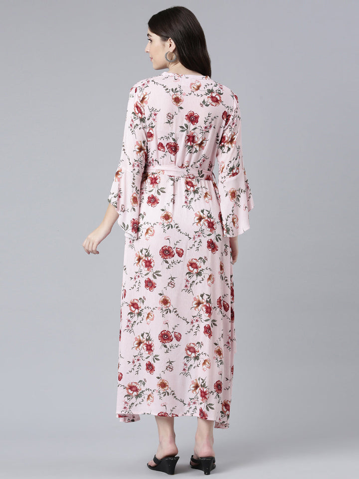 Neerus Pink chiffon printed high-low dress - side view