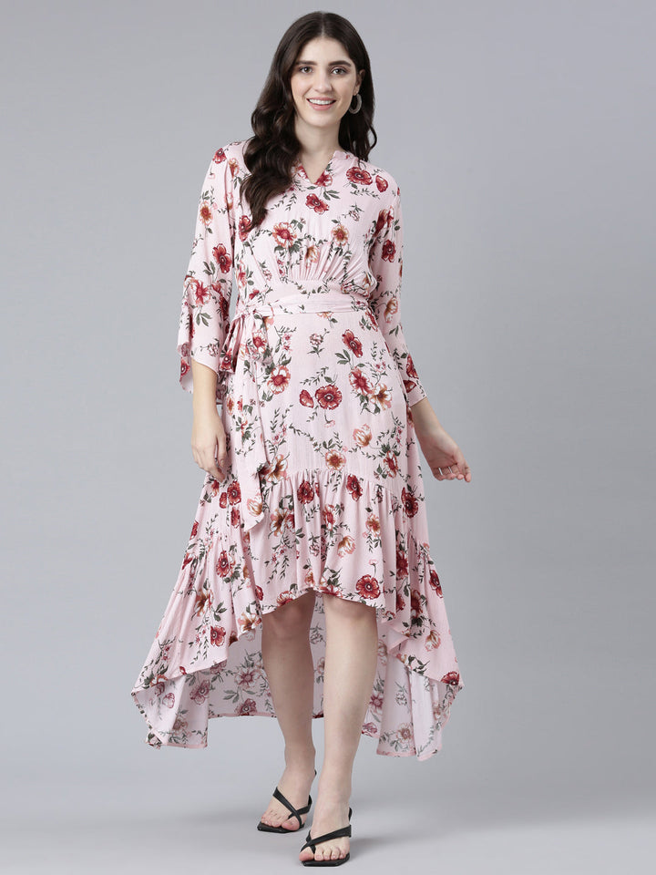 Neerus Pink chiffon printed high-low dress - detail view 2