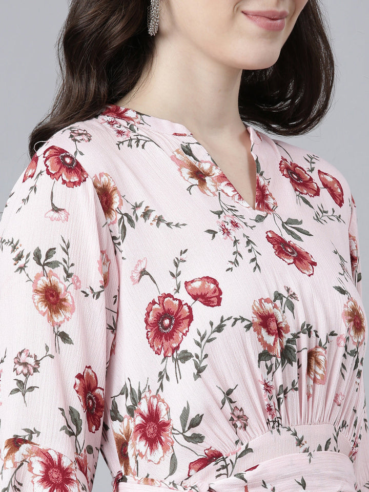 Neerus Pink chiffon printed high-low dress - detail view 1