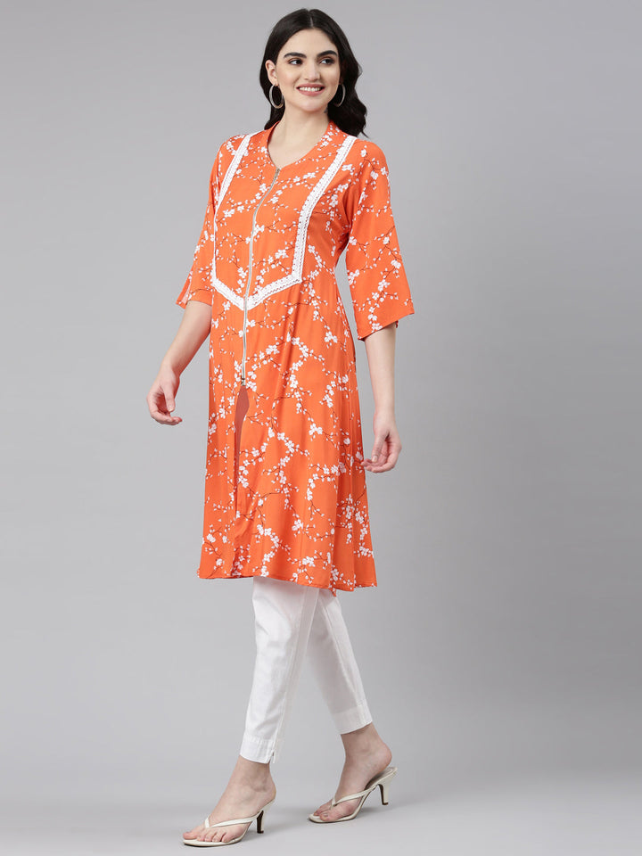 Neerus Orange rayon solid straight kurti - back view