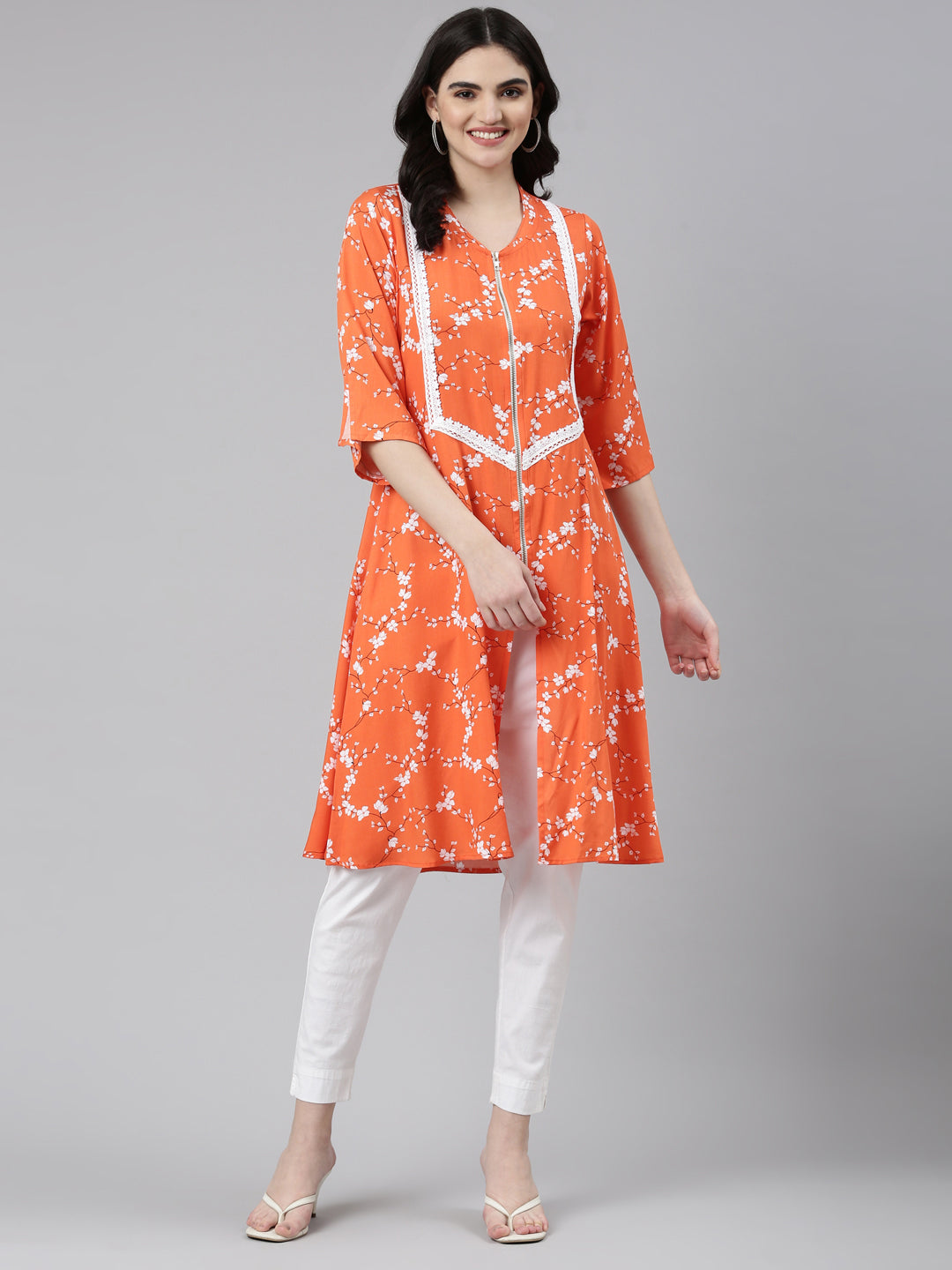Neerus Orange rayon solid straight kurti - detail view 2