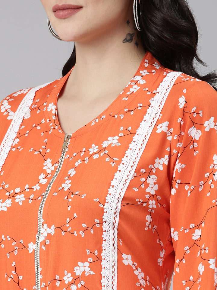 Neerus Orange rayon solid straight kurti - detail view 1