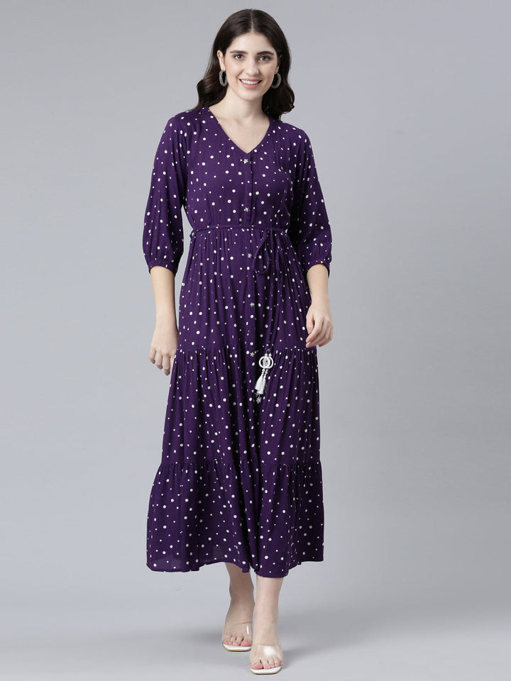 Neerus Purple printed straight gown - front view