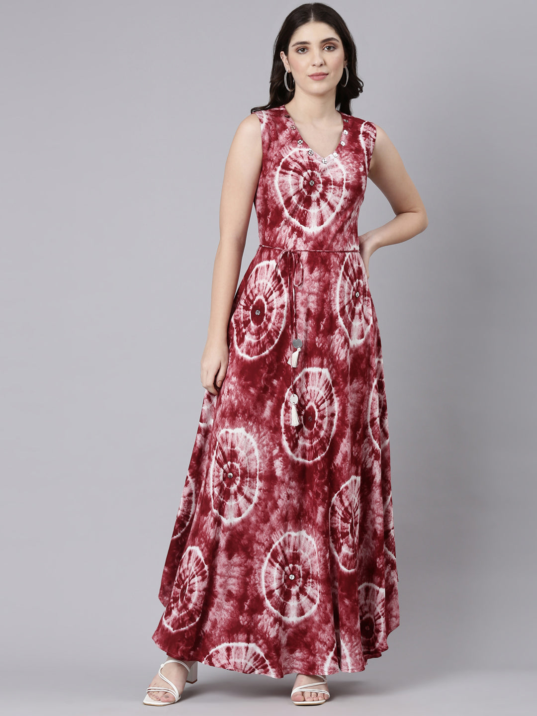 Neerus Maroon rayon printed maxi dress - front view