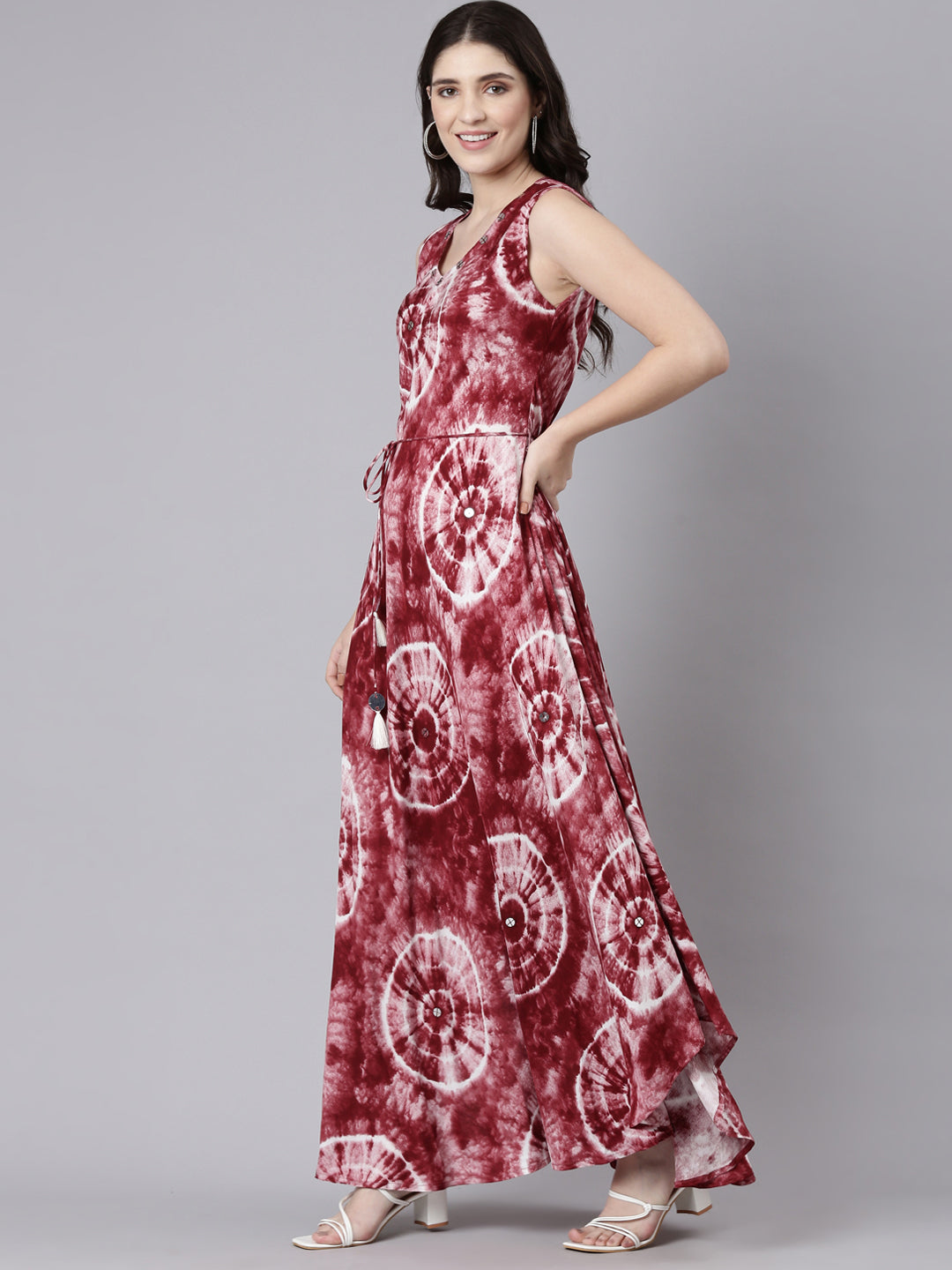 Neerus Maroon rayon printed maxi dress - back view