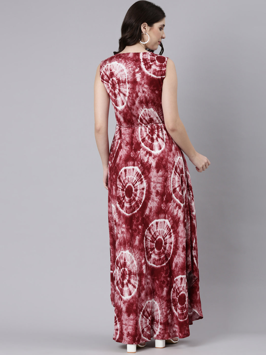 Neerus Maroon rayon printed maxi dress - side view