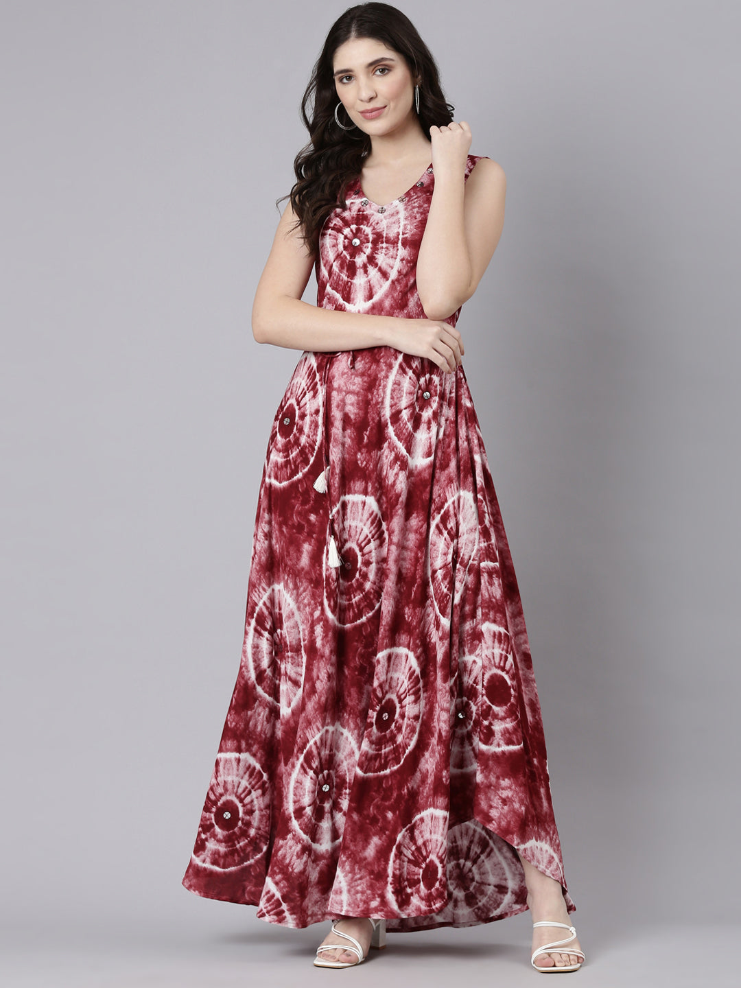 Neerus Maroon rayon printed maxi dress - detail view 2