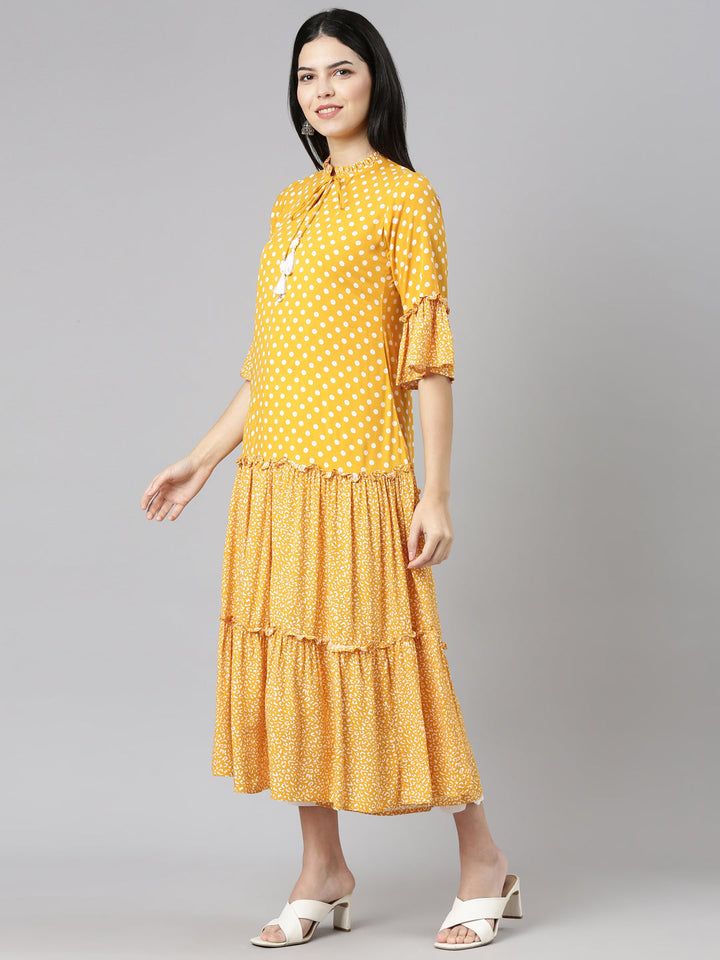 Neerus Yellow chiffon printed straight kurti - back view