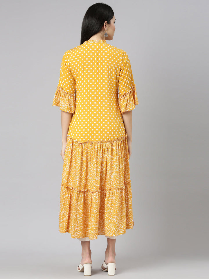 Neerus Yellow chiffon printed straight kurti - side view