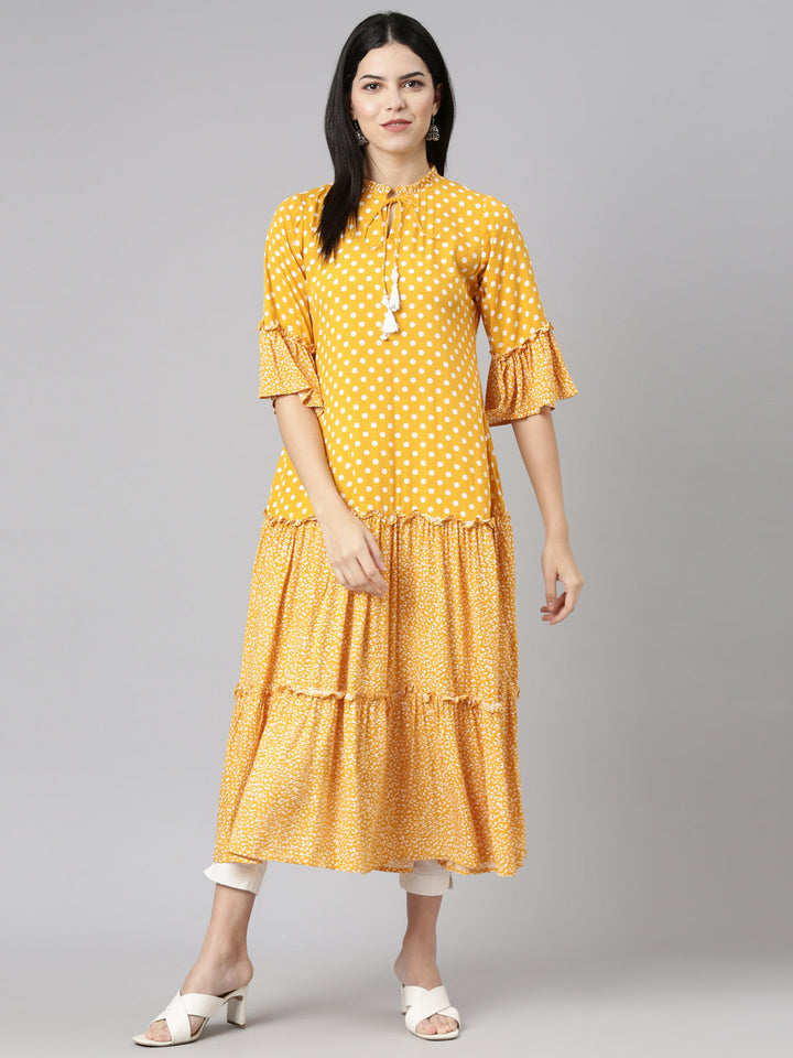 Neerus Yellow chiffon printed straight kurti - detail view 2