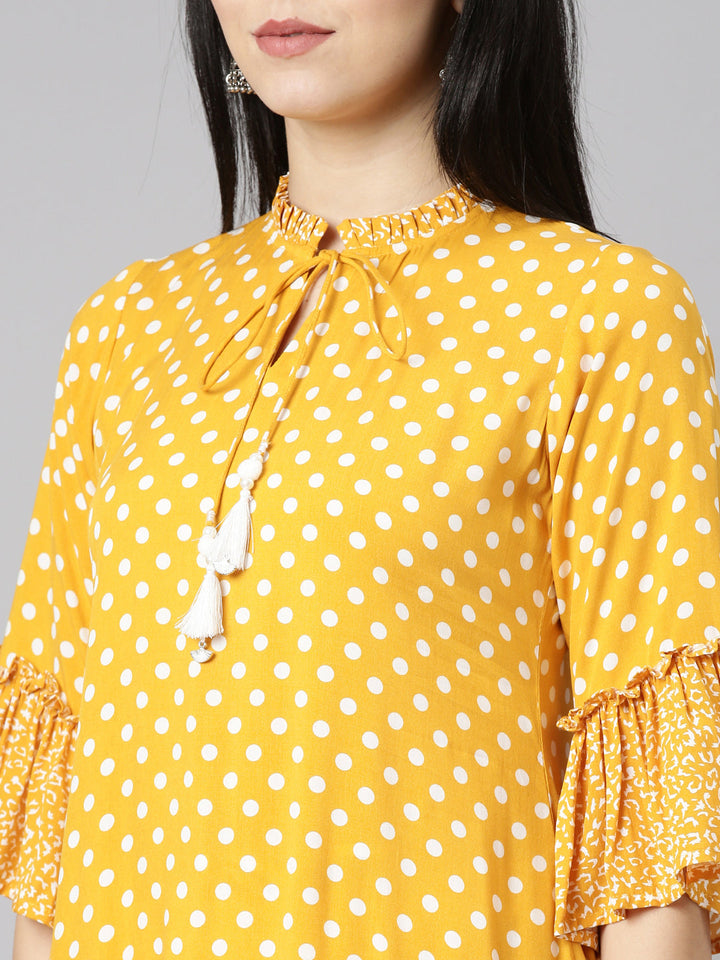 Neerus Yellow chiffon printed straight kurti - detail view 1