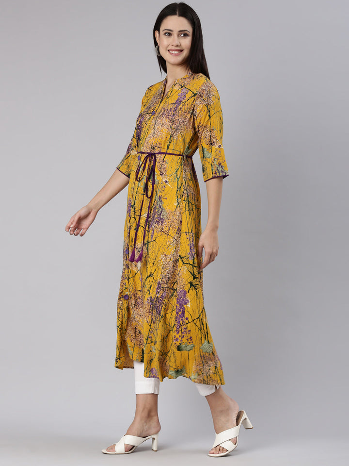 Neerus Mustard Straight Casual Tropical Dress