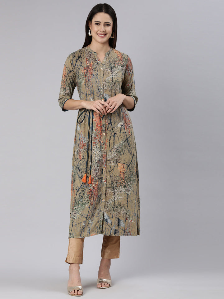 Neerus Green rayon printed dress - front view