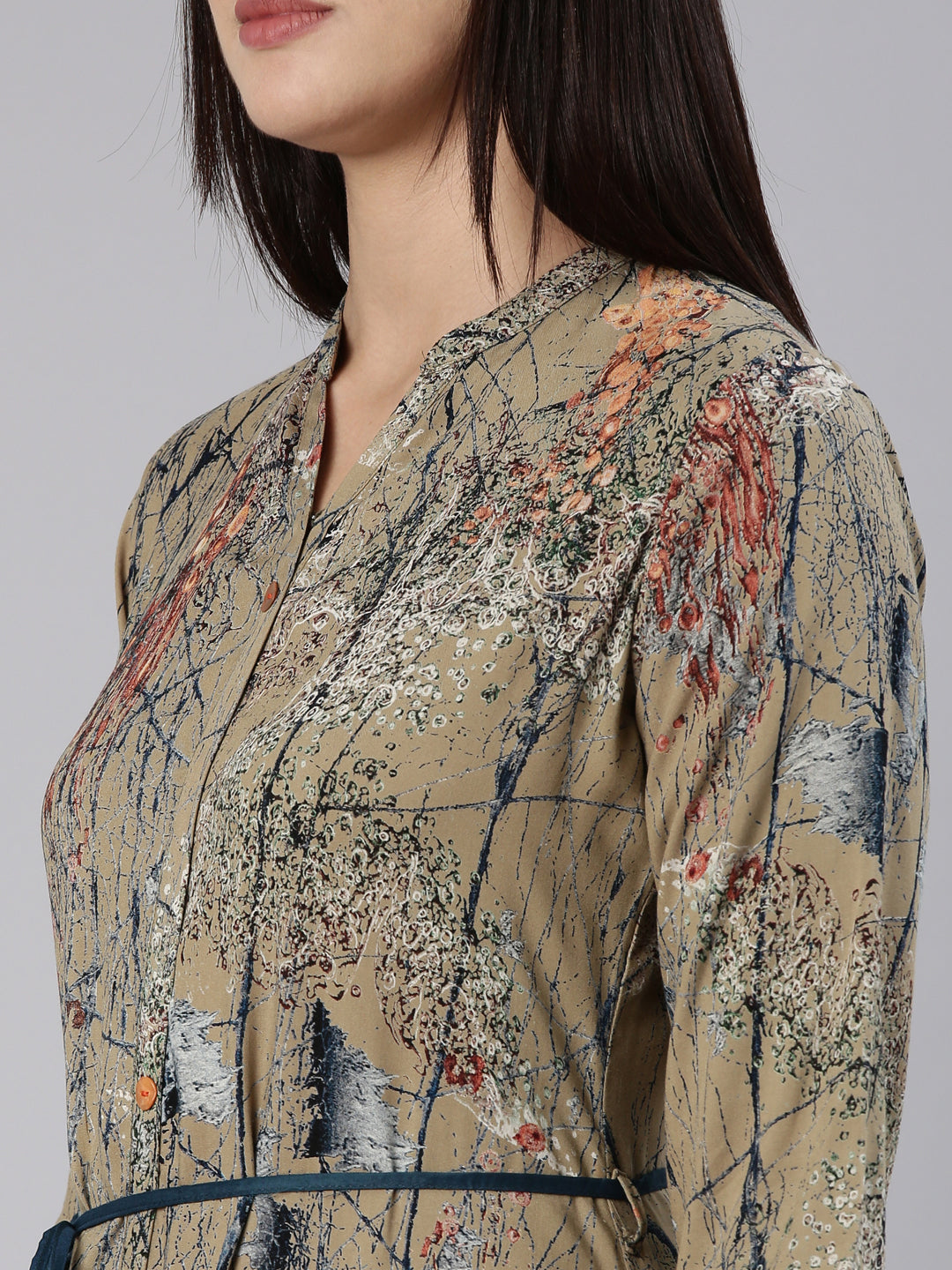 Neerus Green rayon printed dress - detail view 1