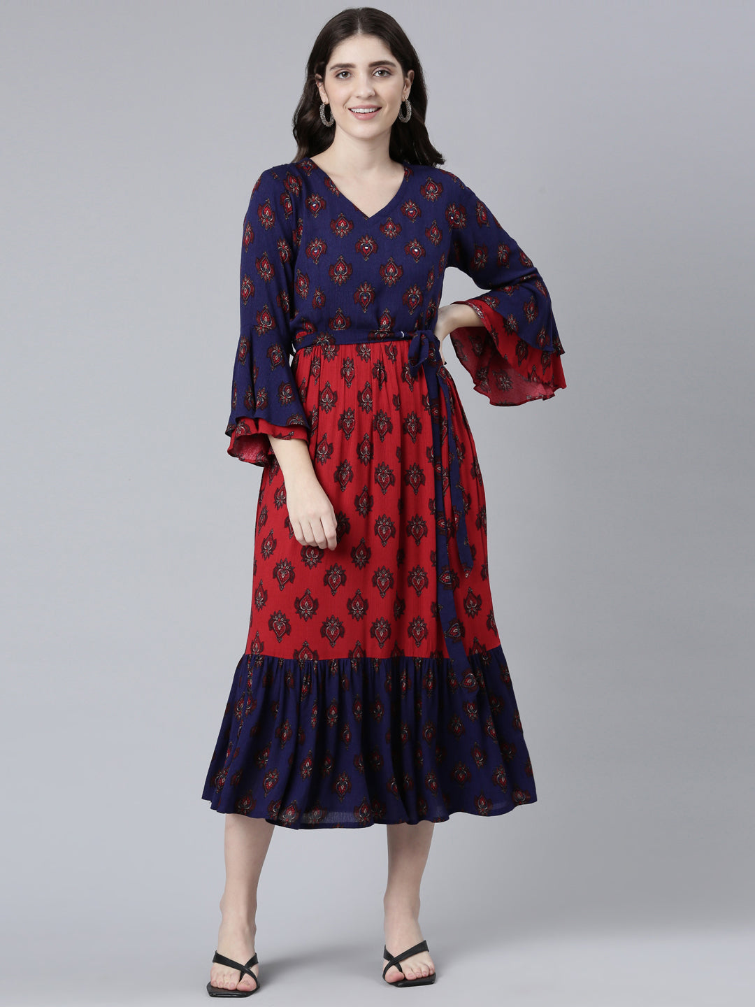 Neerus Maroon chiffon printed straight dress - front view