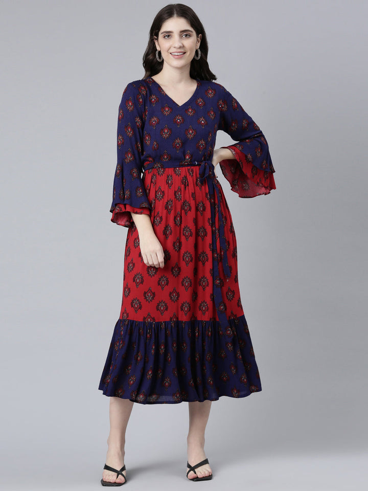 Neerus Maroon chiffon printed straight dress - front view