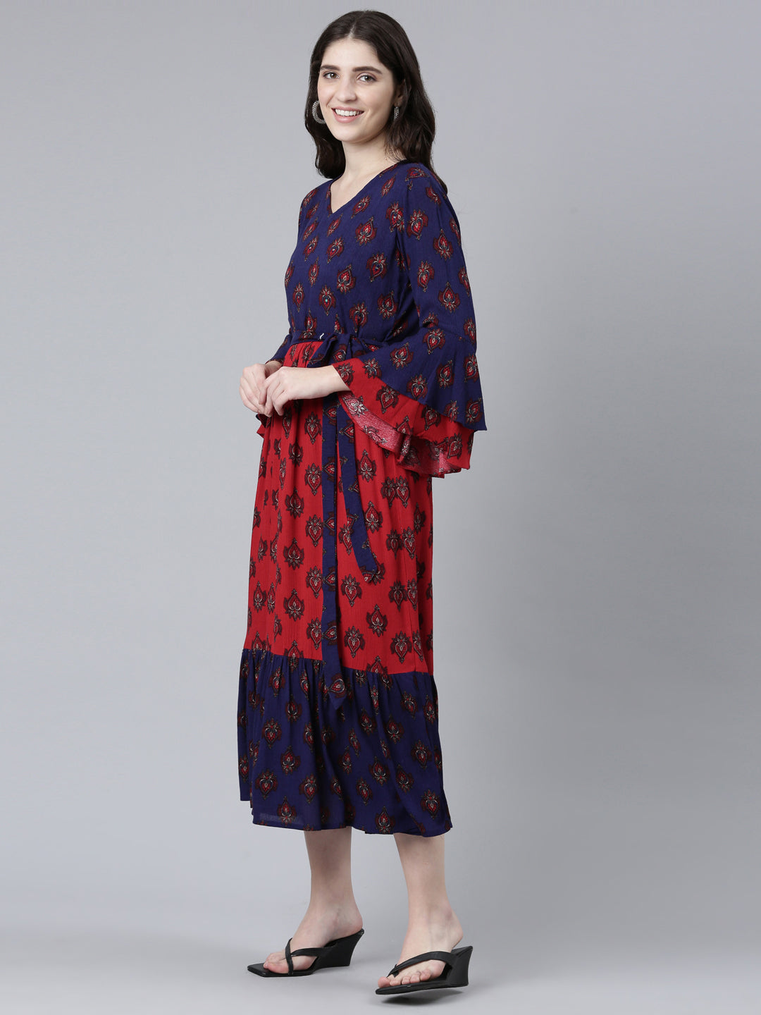 Neerus Maroon chiffon printed straight dress - back view