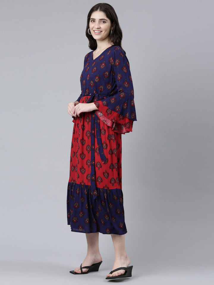 Neerus Maroon chiffon printed straight dress - back view