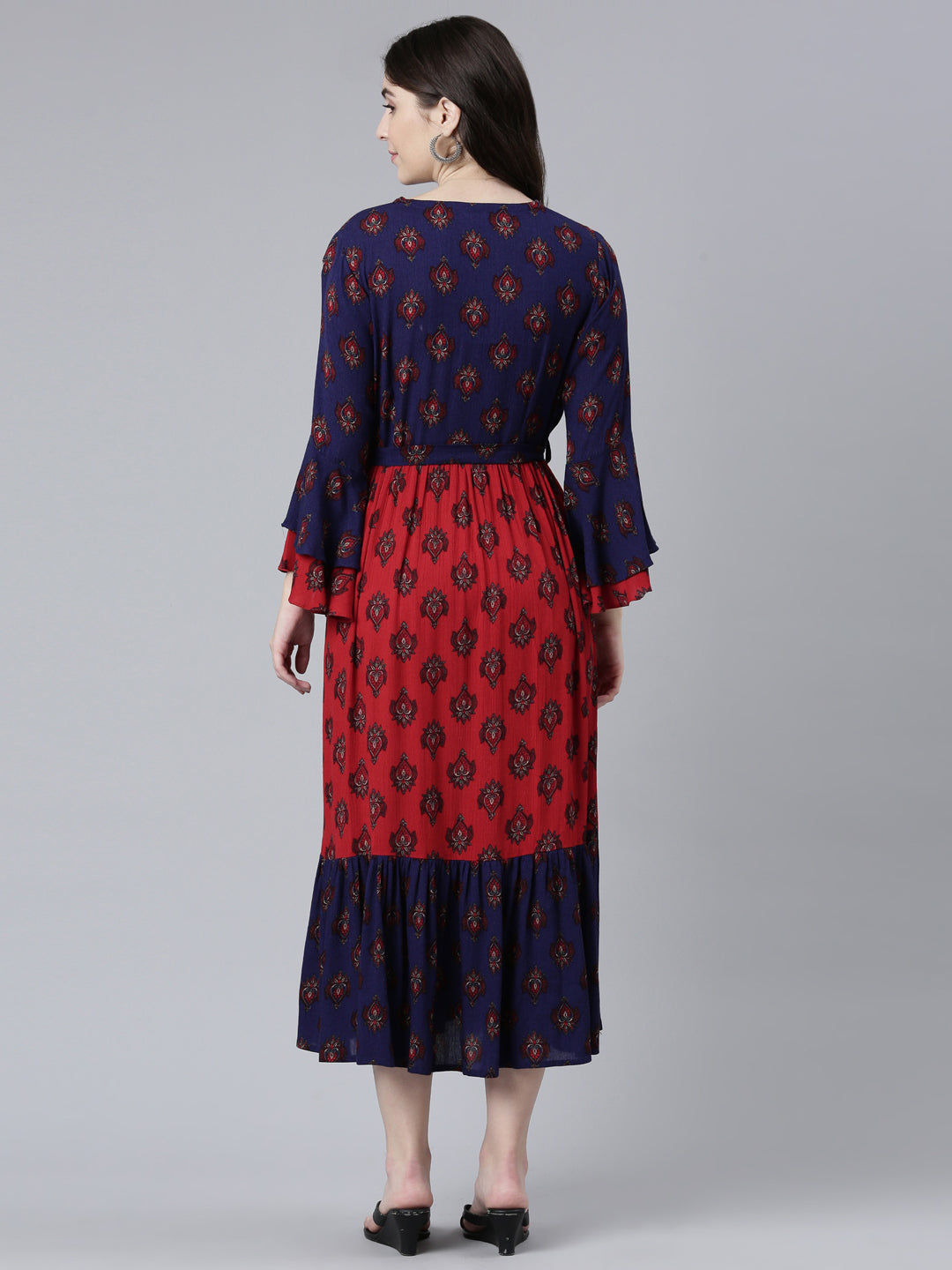 Neerus Maroon chiffon printed straight dress - side view
