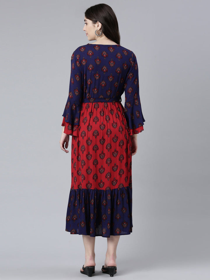 Neerus Maroon chiffon printed straight dress - side view