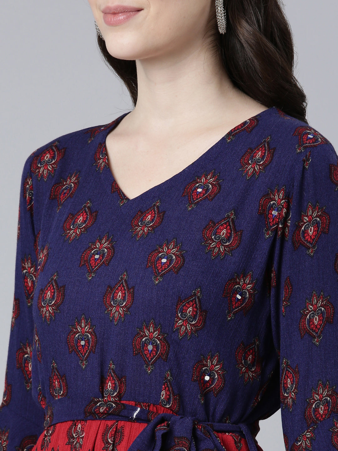 Neerus Maroon chiffon printed straight dress - detail view 1