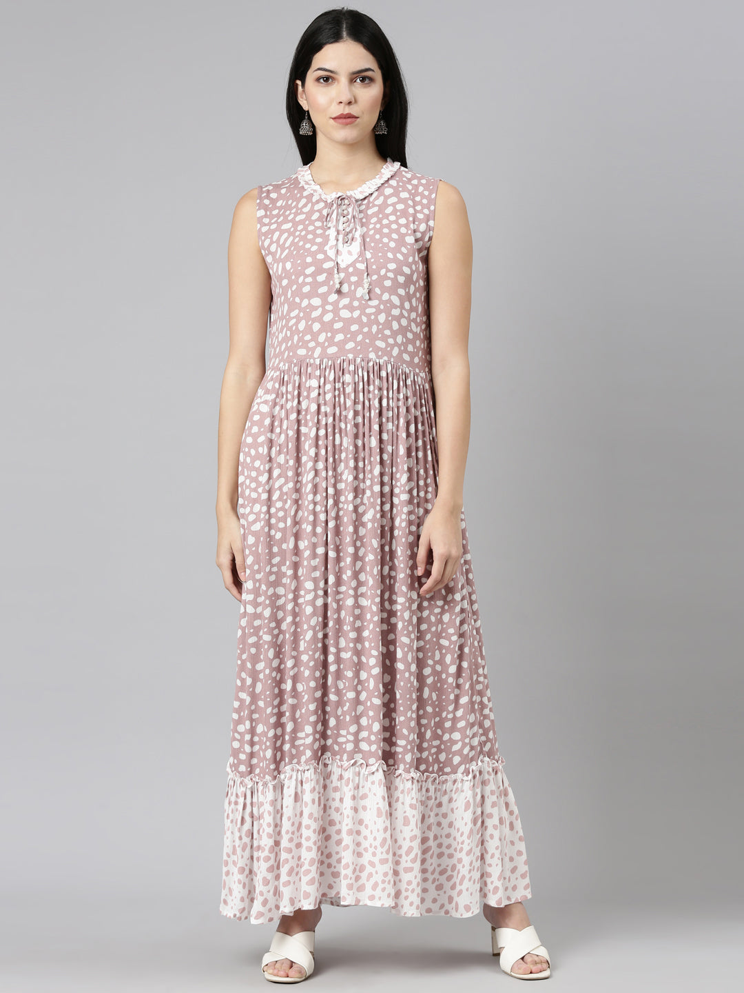 Neerus Pink chiffon printed straight dress - front view
