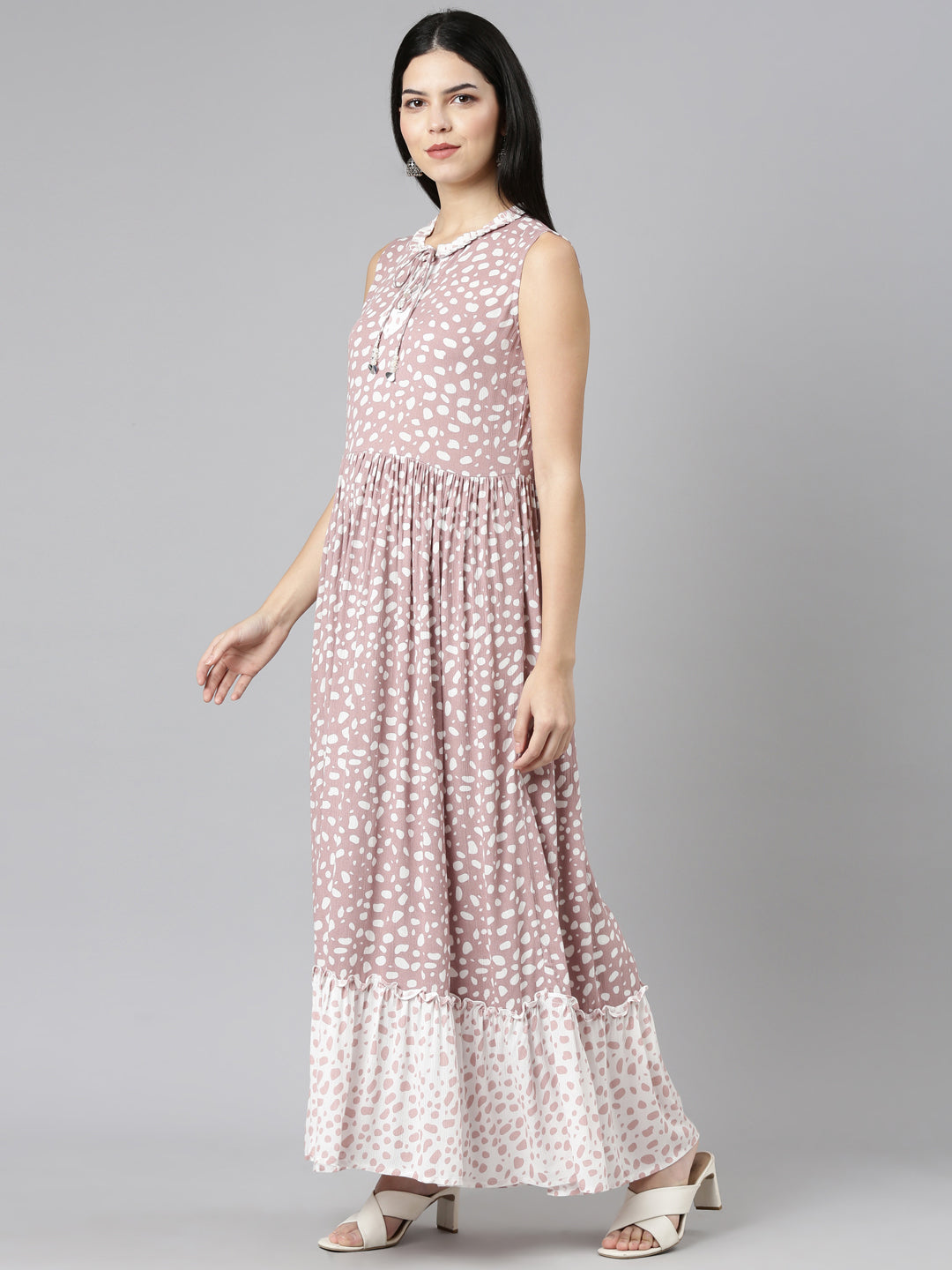 Neerus Pink chiffon printed straight dress - back view