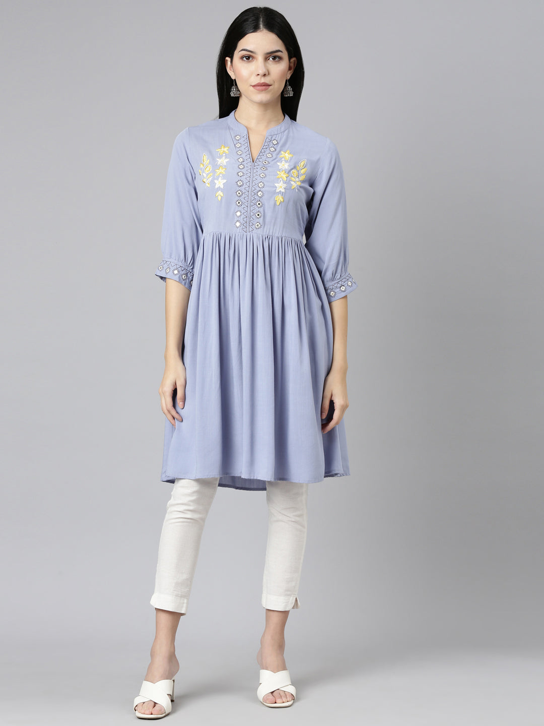 Neerus Purple anarkali solid kurti - front view