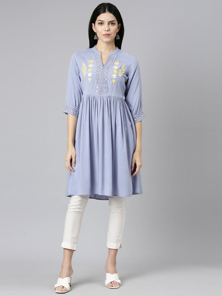 Neerus Purple anarkali solid kurti - front view