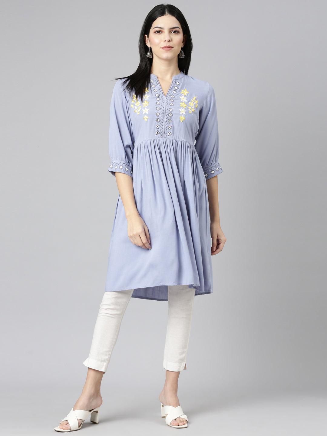 Neerus Purple anarkali solid kurti - detail view 2