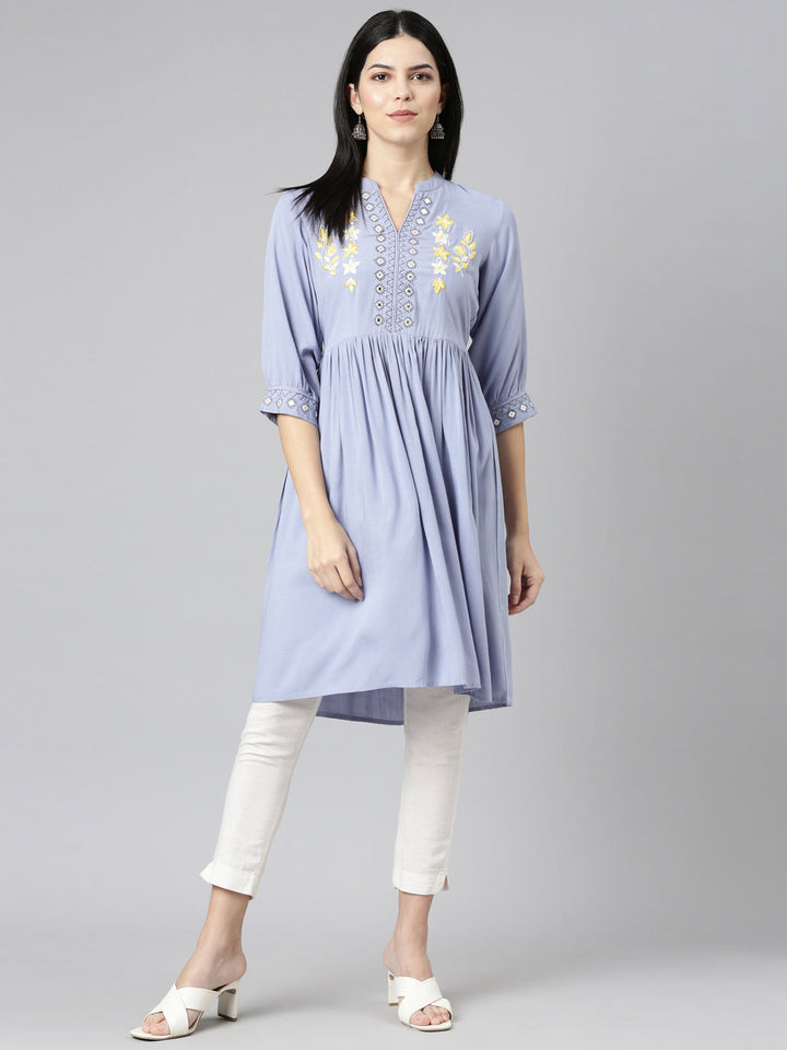 Neerus Purple anarkali solid kurti - detail view 2