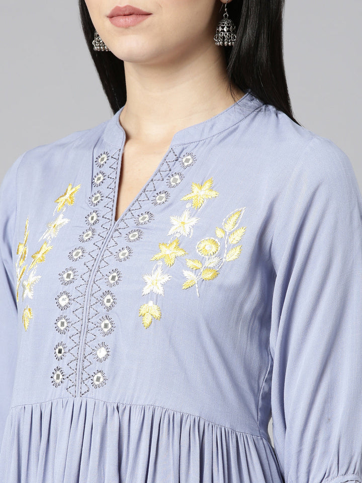 Neerus Purple anarkali solid kurti - detail view 1