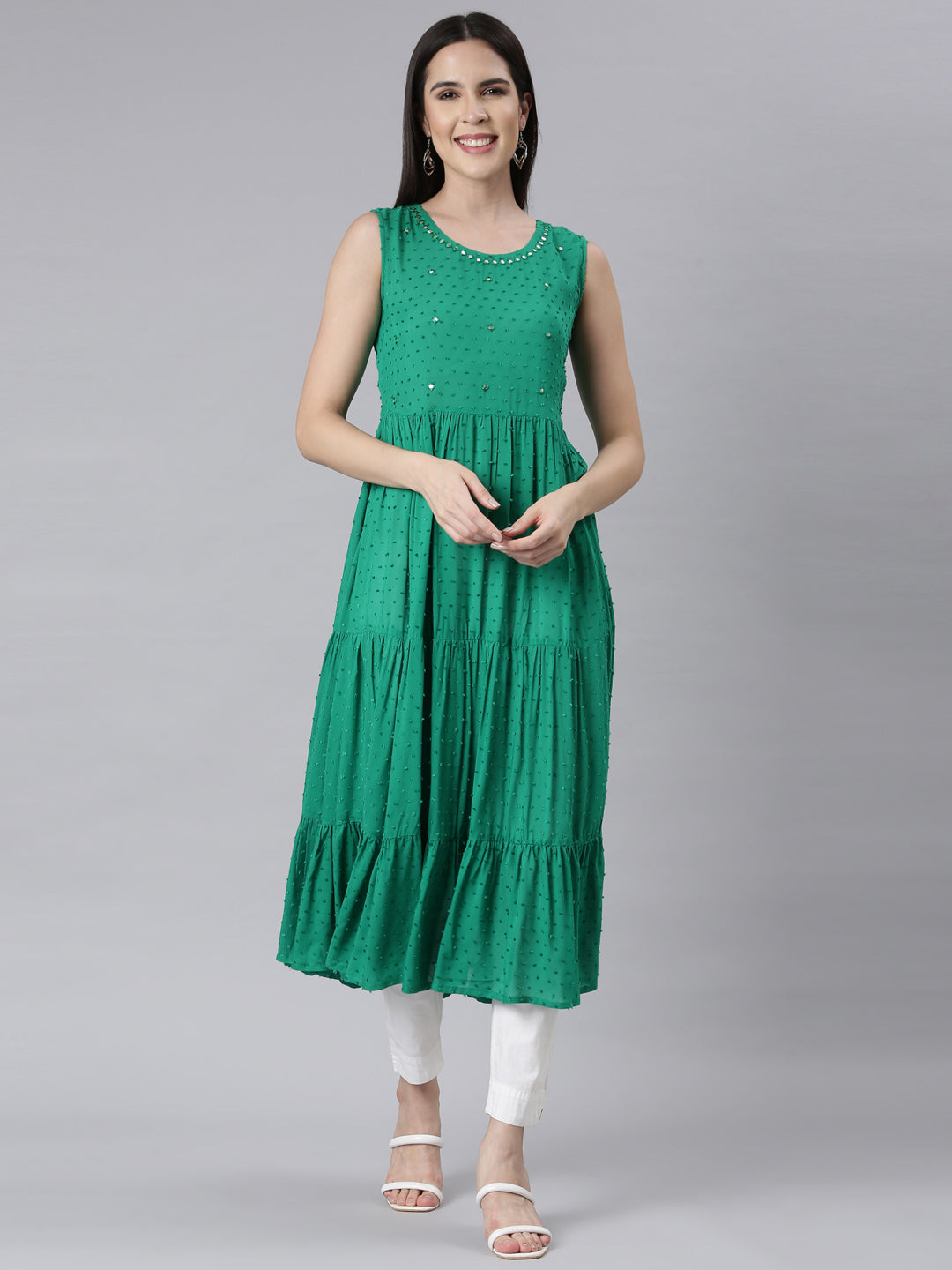 Neerus Green cotton embellished anarkali kurti - front view