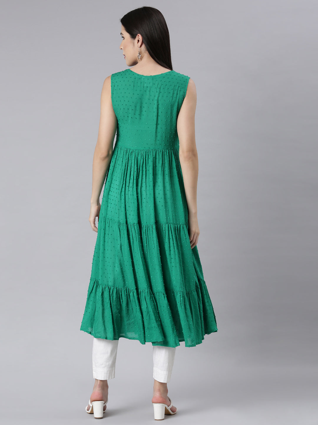 Neerus Green cotton embellished anarkali kurti - side view