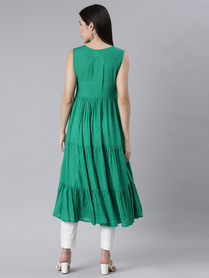 Neerus Green cotton embellished anarkali kurti - side view