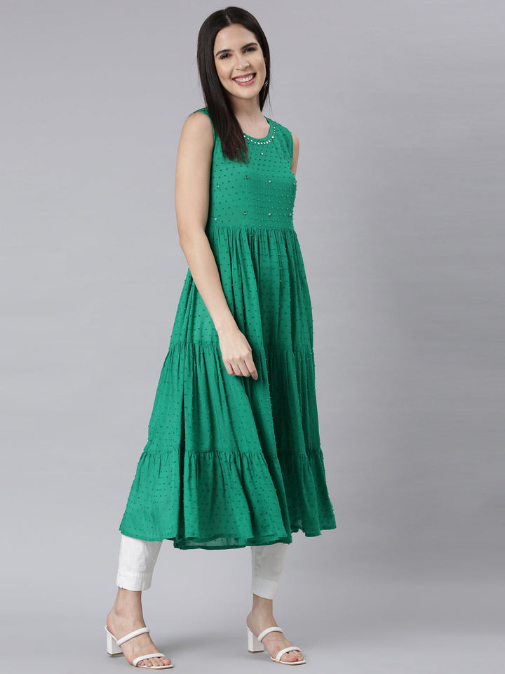 Neerus Green cotton embellished anarkali kurti - detail view 1