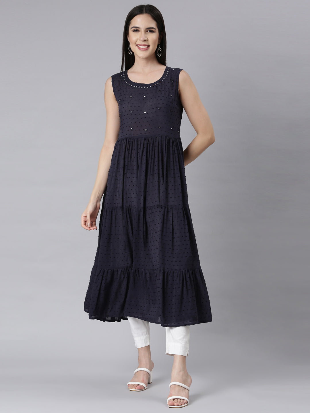 Neerus Blue cotton embellished anarkali kurti - front view