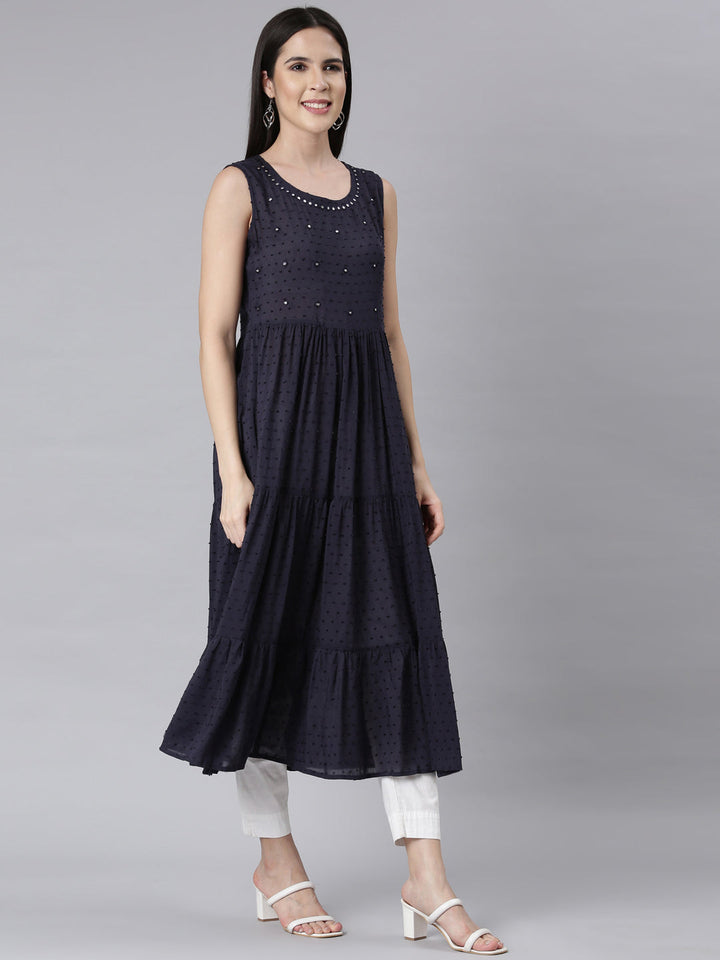 Neerus Blue cotton embellished anarkali kurti - back view