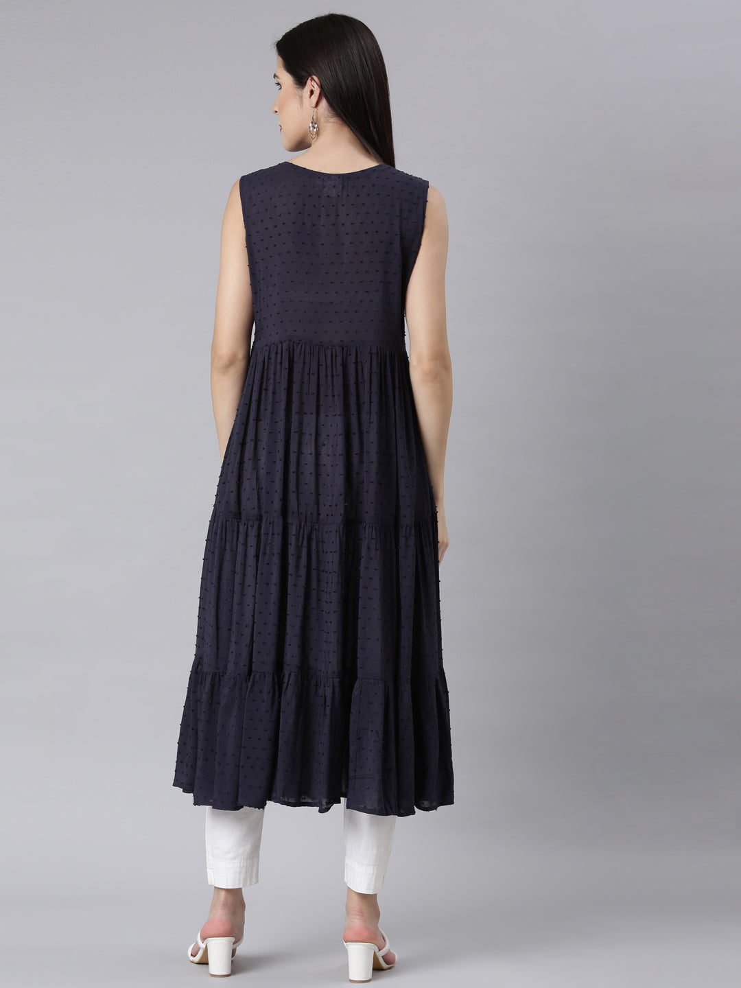 Neerus Blue cotton embellished anarkali kurti - side view