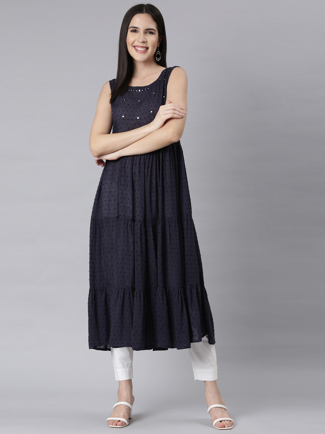 Neerus Blue cotton embellished anarkali kurti - detail view 1