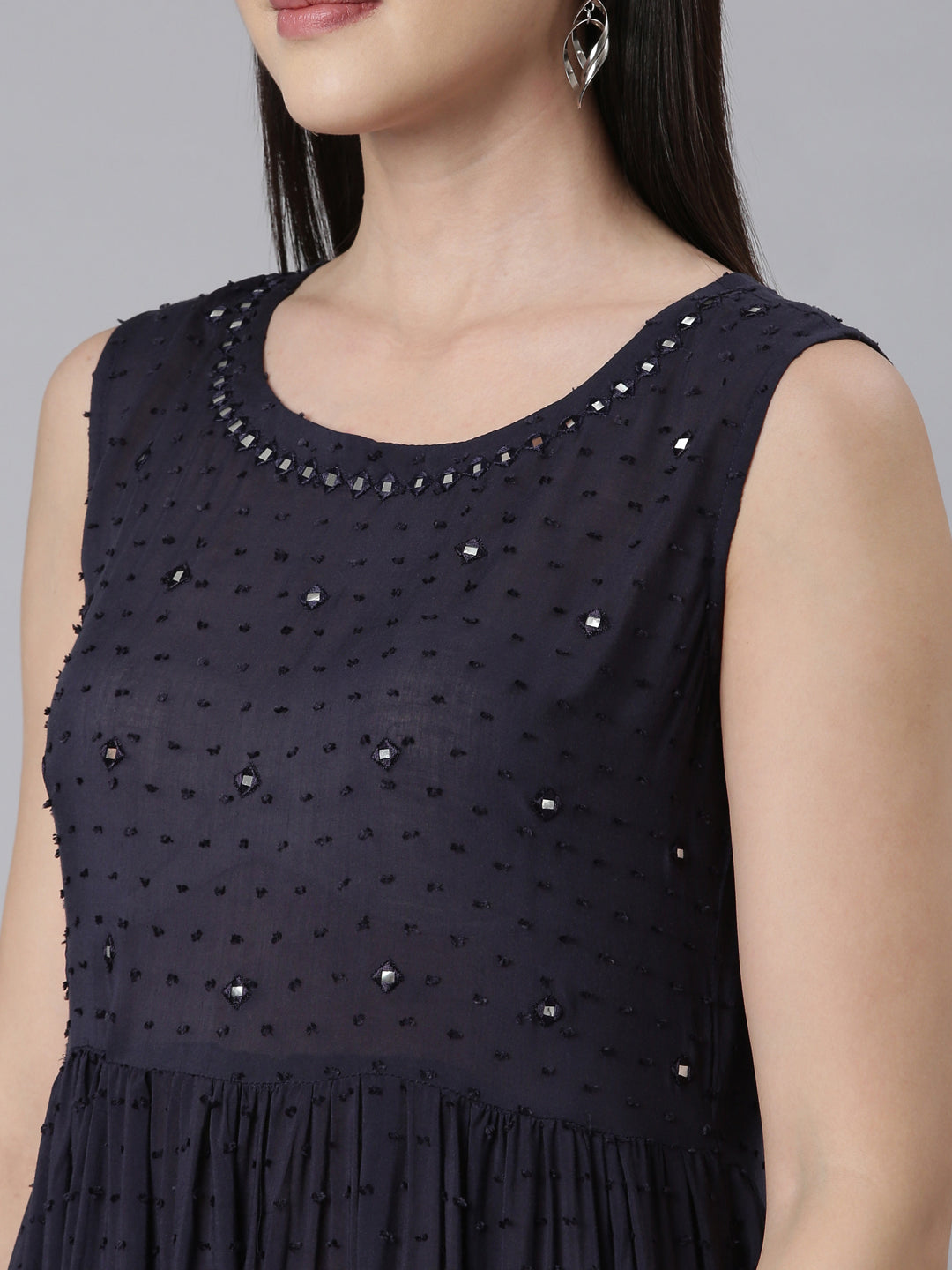 Neerus Blue cotton embellished anarkali kurti - detail view 2