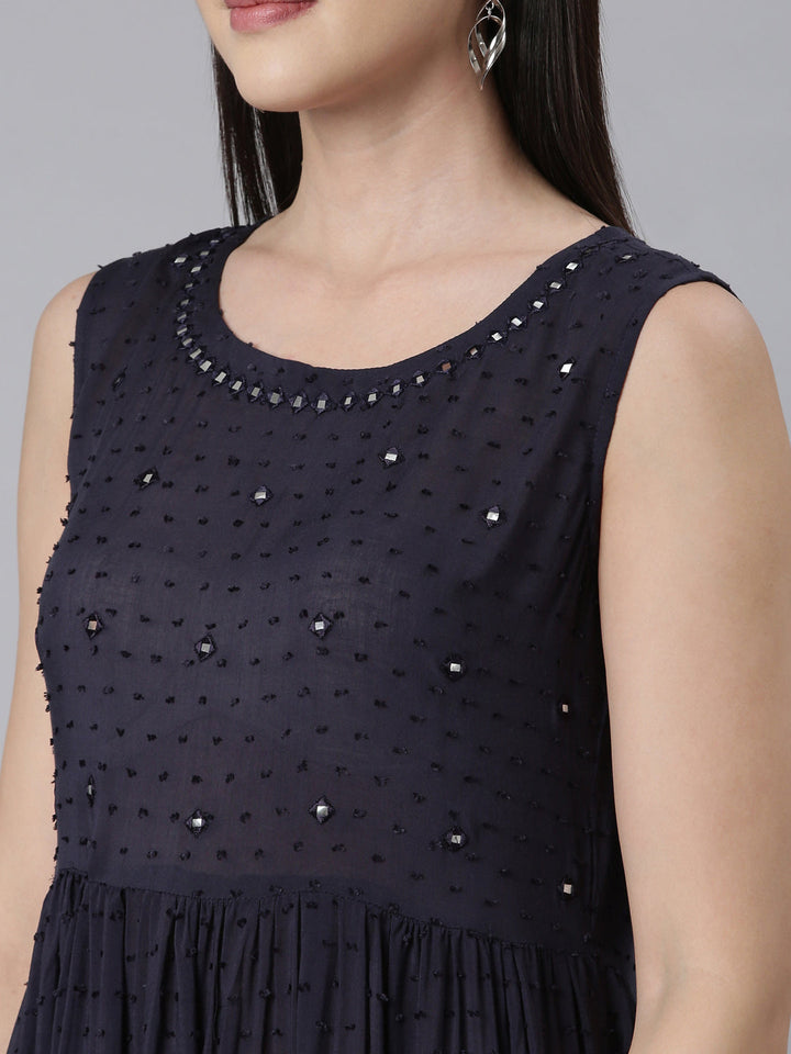 Neerus Blue cotton embellished anarkali kurti - detail view 2