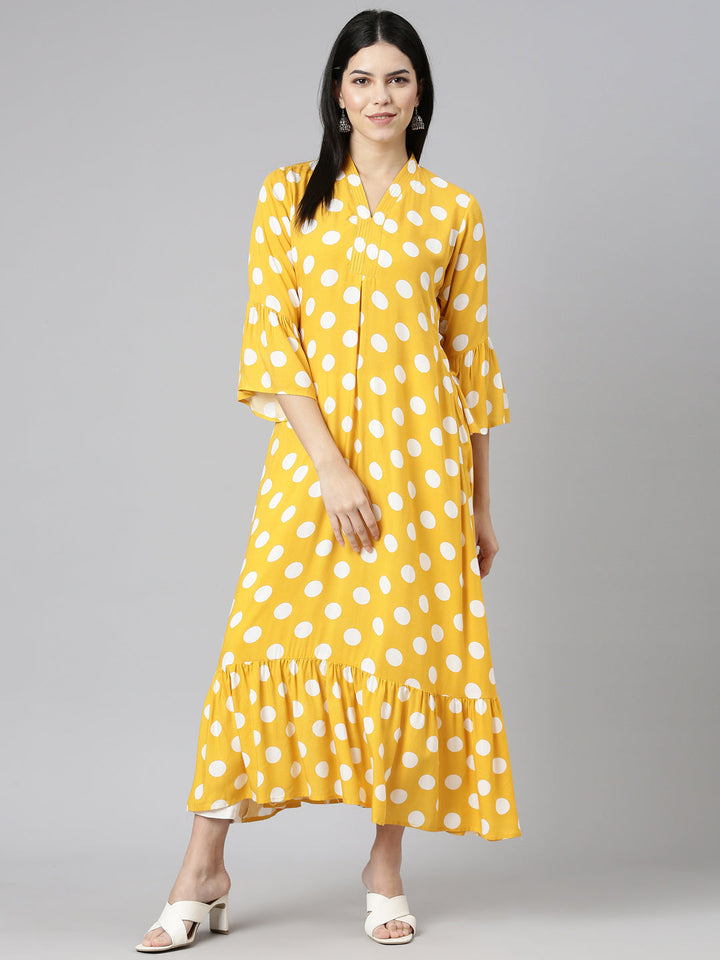 Neerus Yellow rayon printed straight kurti - detail view 2