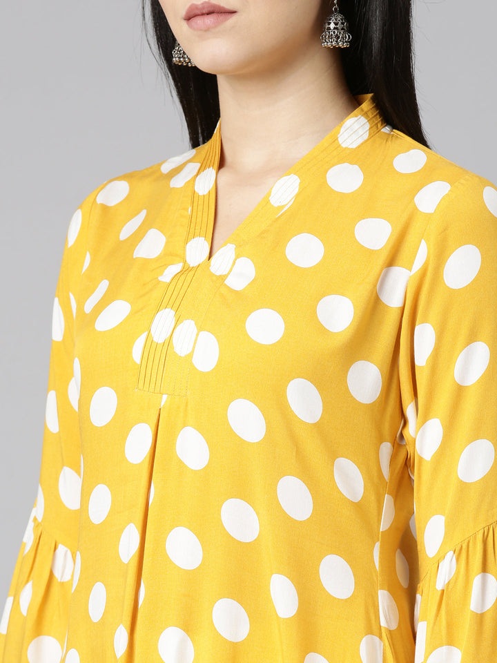 Neerus Yellow rayon printed straight kurti - detail view 1