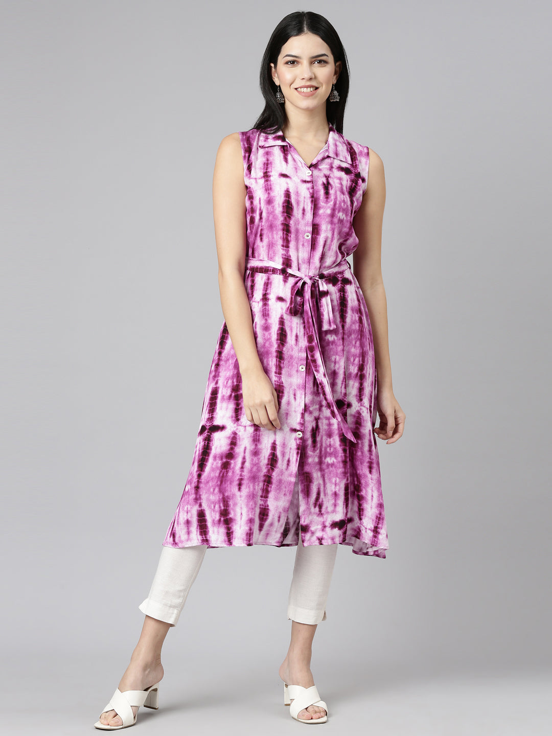Neerus Pink rayon printed A-line kurti - front view