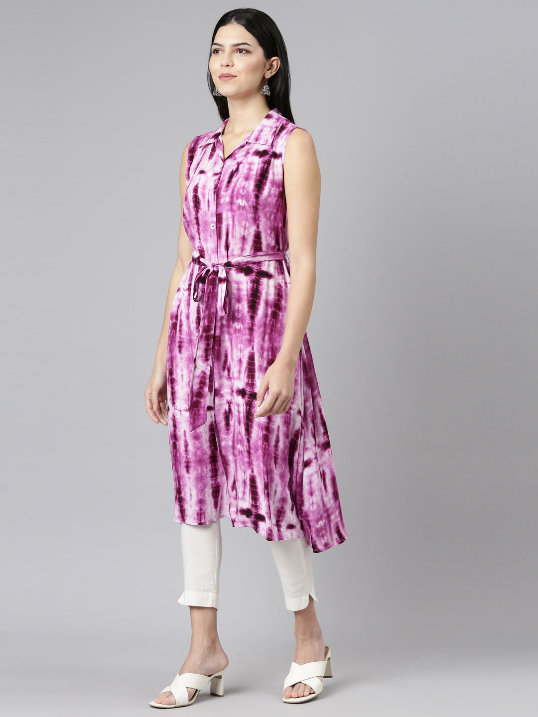 Neerus Pink rayon printed A-line kurti - back view